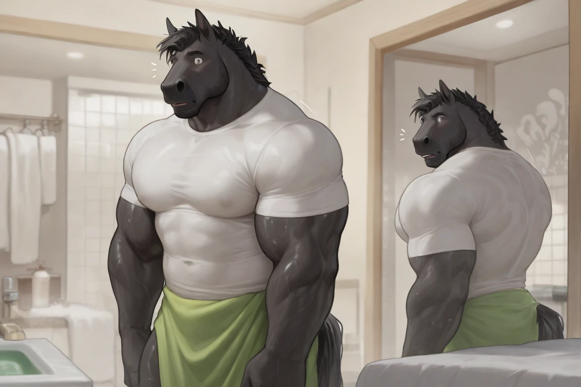 ((solo)), anthro horse male, (grey fur, black mane, dark nose and hands:1.3), ((equine tough face, big eyes, blue pupils, cute:1.3)), male, late fourties, athletic, abs, (veiny, ripped muscles, flat chubby stomach:1.3), (correct anatomy, heavy build, wide torso, small head:1.7), (realistic fur, detailed fur texture, dripping sweat:1.3), detailed background farm, photorealistic, (working shorts:1.3), (boner with outline:1.2), bare torso, (detailed clothing), hyperrealistic, ultradetailed, by kenket, natural lighting, (muscular, sweaty, wet, steaming exhausted:1.3), flexing, (sad, shy, calm expression:1.3)