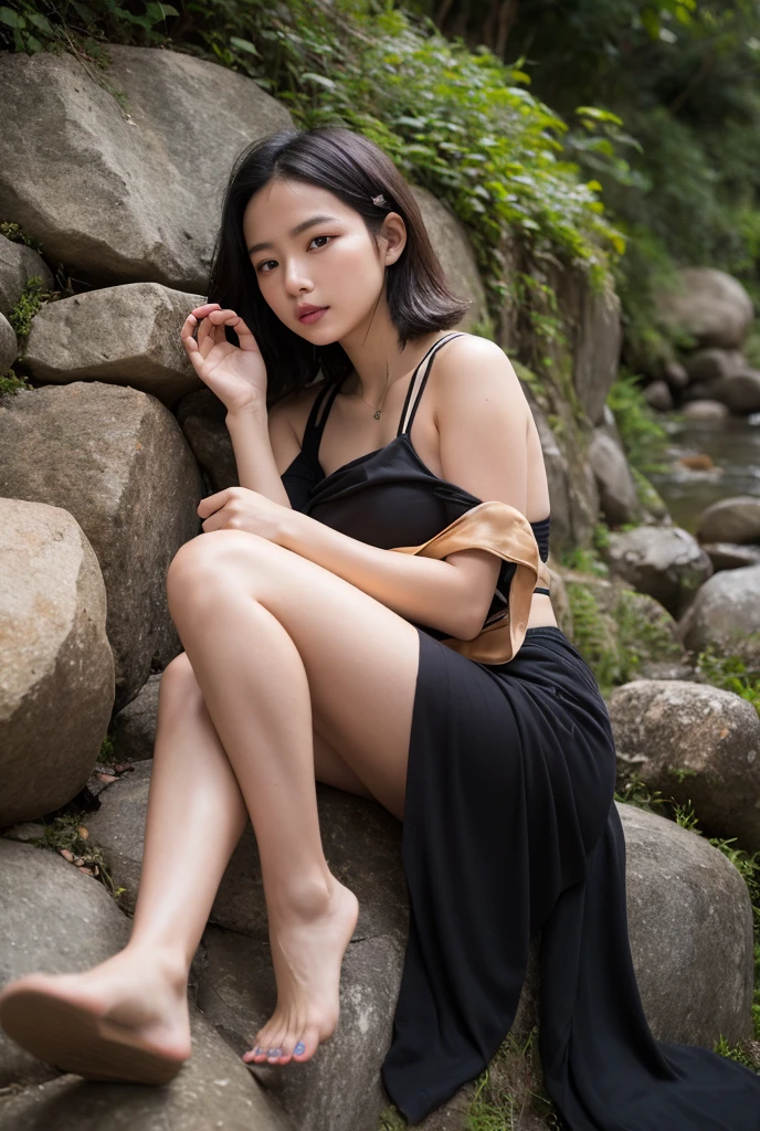 (8k, RAW photos, super high quality, super detailed CG Unity 8k wallpaper, masterpiece: 1.2), one girl, 3D, looking the viewer, laughing, super beautiful detailed eyes, accurate shiny iris depiction, pupil is black, water-based humor shine, ultra-detailed eyelashes, iris with a very slightly black rim, delicate and beautiful hair, ultra-detailed hair, precise shading of hair, delicate hair tips, professional makeup, ultra-detailed lips, Precisely drawn lip wrinkles, beautiful shiny lips, wearing small jewelry earrings that match the color of the outfit, short hair, (shiny skin due to sweat: 0.3), professionally coordinated brightly colored clothes, precise shading created on clothes, playing knee-deep in a lake in a beautiful forest, barefoot