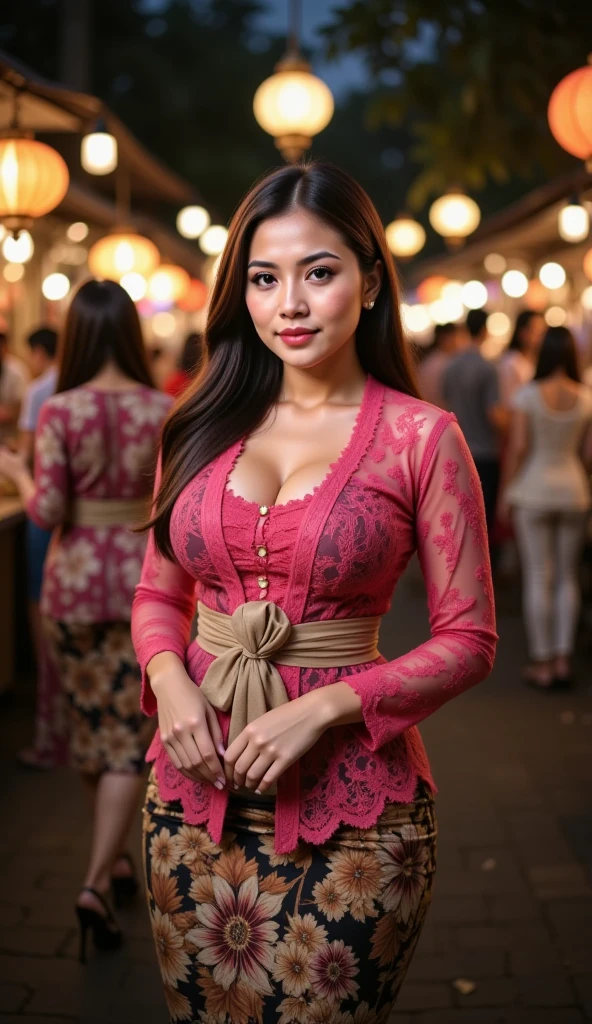 Realistic photo of malay lady wearing a traditional malay attire, tight red kebaya which shows her cleavage, background at empty road, photo realistic.