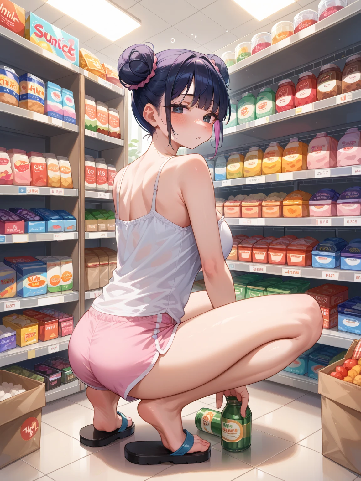 (((masterpiece, Highest quality, High resolution, 超High resolution, Perfect Pixel, Depth of written boundary, 4K, RTTX 10.0))), Beautiful Anime Woman, Beautiful art style, Anime characters, ((Smooth texture, Realistic texture, Anime CG Style)), Perfect and accurate finger count、Exact number of legs、(Exact number of arms:1.0, Exact number of hands:1.0), (Perfect hands, Perfect Anatomy), Cinematic, Realistic, Extremely detailed CG, Daytime lighting, Perfect lighting, Best Shadow, The best natural light, whole body, Perfect body, バランのとれたPerfect body, Perfectly balanced style, Soft body, ((bangs, Dark brown hair, Twin tails, High Up)), ((The back view of a cute adult woman walking:1.8)), ((Bow tie around neck:1.3), (Sexy and cute pink underwear:1.3), (Stylish shiny pink satin panties, Side-tie pink panties, Thin pink panties:1.4), (Pink micro lace satin bra, Pink bra with large lace trim around the edges, Light pink bra:1.4), (lace garter belt, Garter Strings, Knee socks:1.3):1.3), (Beautiful little butt:1.1), (Embarrassed expression:1.7), blush, (supermarket, Merchandise Shed, aisle, Many visitors in the background, Inside the crowded store:1.7), naked, back, In underwear, ブラとパンティとガーターベルトとKnee socksのみ, (Frilly maid headband:1.1), Angle from the rear, Close-up angle of butt in panties