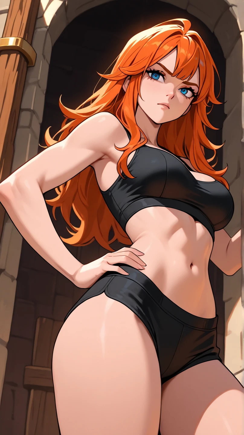 young girl, suntanned skin, Long red hair, violet eyes, open torso, Assassin's Clothes, Smile, Masterpiece, hiquality