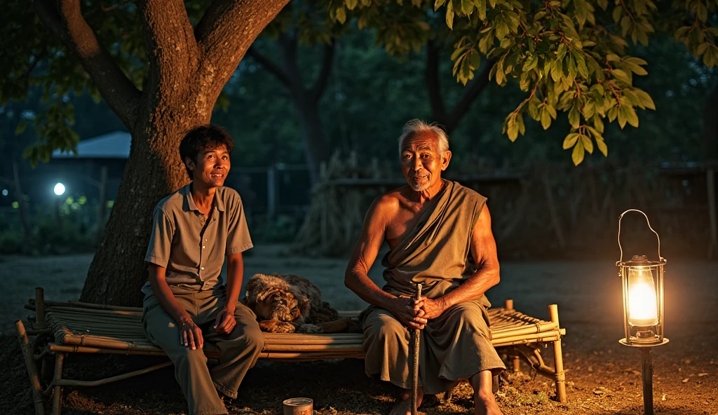 A stooped old Burmese grandmother Standing without a dress, bent over, holding a staff in her hand, looking straight ahead, a middle-aged man is kneeling and offering a cup of water to an old woman, only the back can be seen, inside a bamboo house at night.