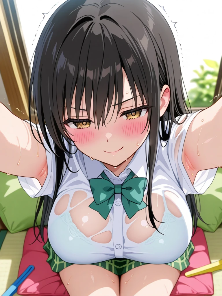Wind Horse_home town,Large Breasts,Black Hair,Long Hair,ponytail,Green Eyes,(Cheerleader, Crop top, Ultra mini skirt, Expose your shoulders) ,(Sweaty, Glowing Skin:1.1), ,SunLight, spotLight effect,Bright sky, Blue sky and white clouds,Strong winds,(High resolution, high quality:1.1), Intricate details, Light, 1 Girl,(smile、smile),(necklace, bracelet),Sweat splashes near the face、Gym、Basketball court、During the game、、Dazzling Lighting、Angle from directly above、Chest shakes a lot