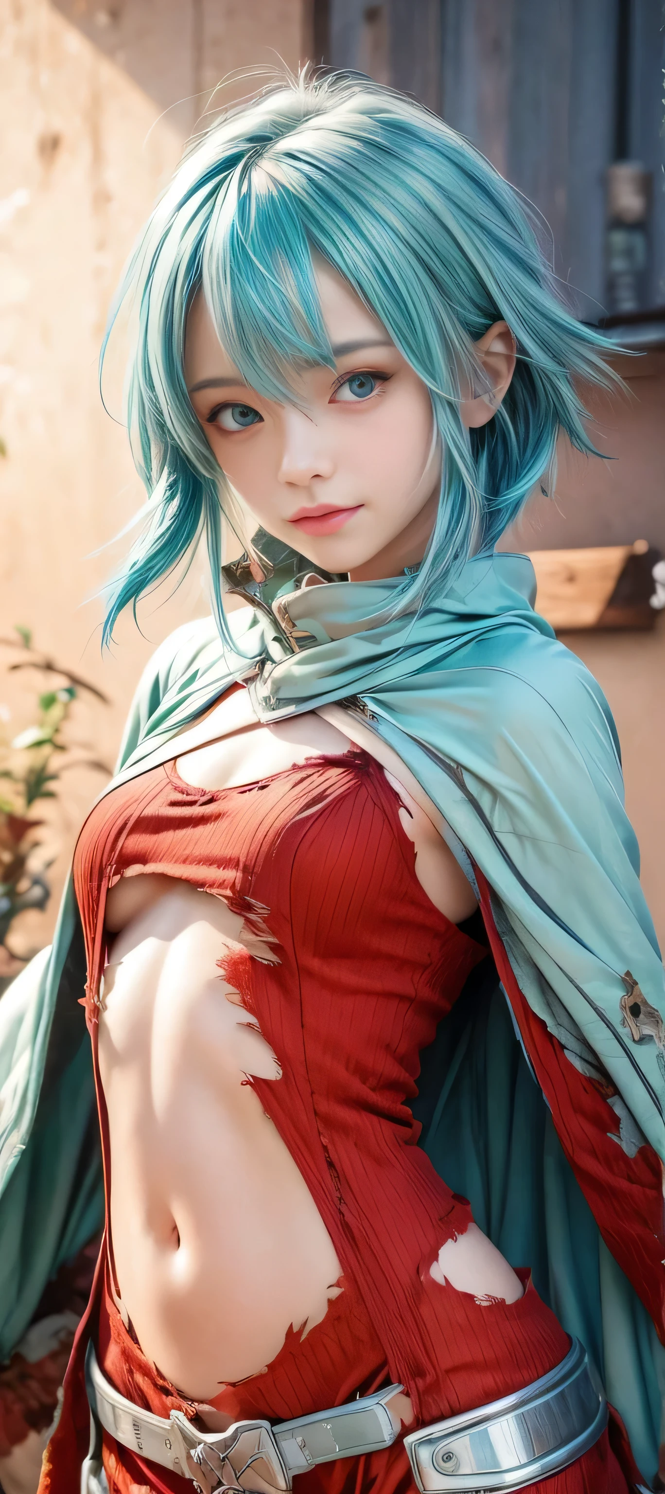 masterpiece, best quality, (realistic,photo-realistic:1.4), (RAW photo:1.2), extremely detailed CG unity 8k wallpaper, delicate and beautiful, amazing,finely detail, official art, absurdres, incredibly absurdres, huge filesize, ultra-detailed,extremely detailed eyes and face,light on face,sinon,(little smile),(blue hair:1.4),(very short hair:1.5),sidelocks,forest background,(torn clothes:1.5) ,(sidelocks:1.3),cloak,(navel:1.4)