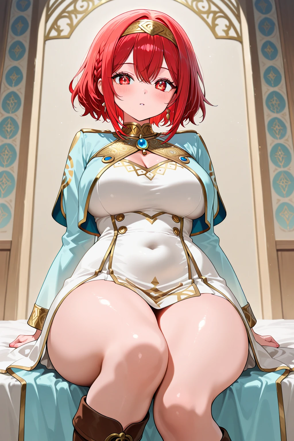 A woman in blue and red clothes is posing on a bed, Portraits inspired by Lee Chevalier, Pixiv, fur art, Artoria Pendragon, Black Magician Girl, [32k hd]^10, Half Summoner、Half Megumin, thick, A strong and plump female magician, anime style like fate/Stay Night
