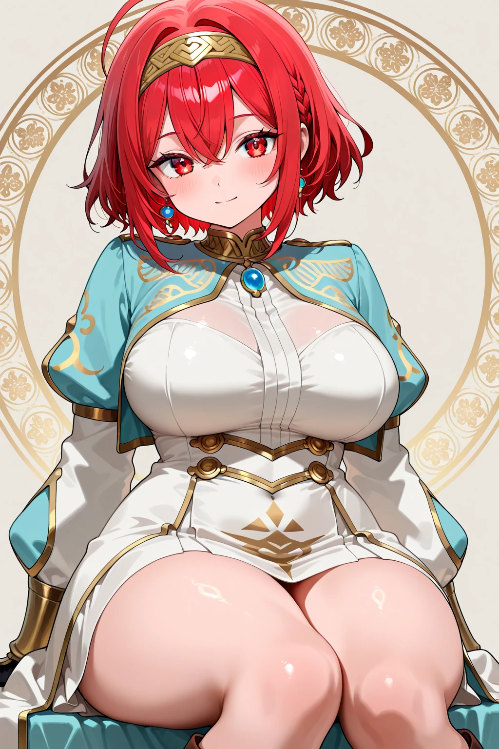 girl, White blouse, mini skirt, Black Pantyhose, white overcoat, Are standing, Glamorous clothing, Complex clothing,, A familiar face, Brown and gold tones, Day、Braided Hair、I-cup breasts、Protruding chest、Protruding buttocks、Red color hair、Short Hair