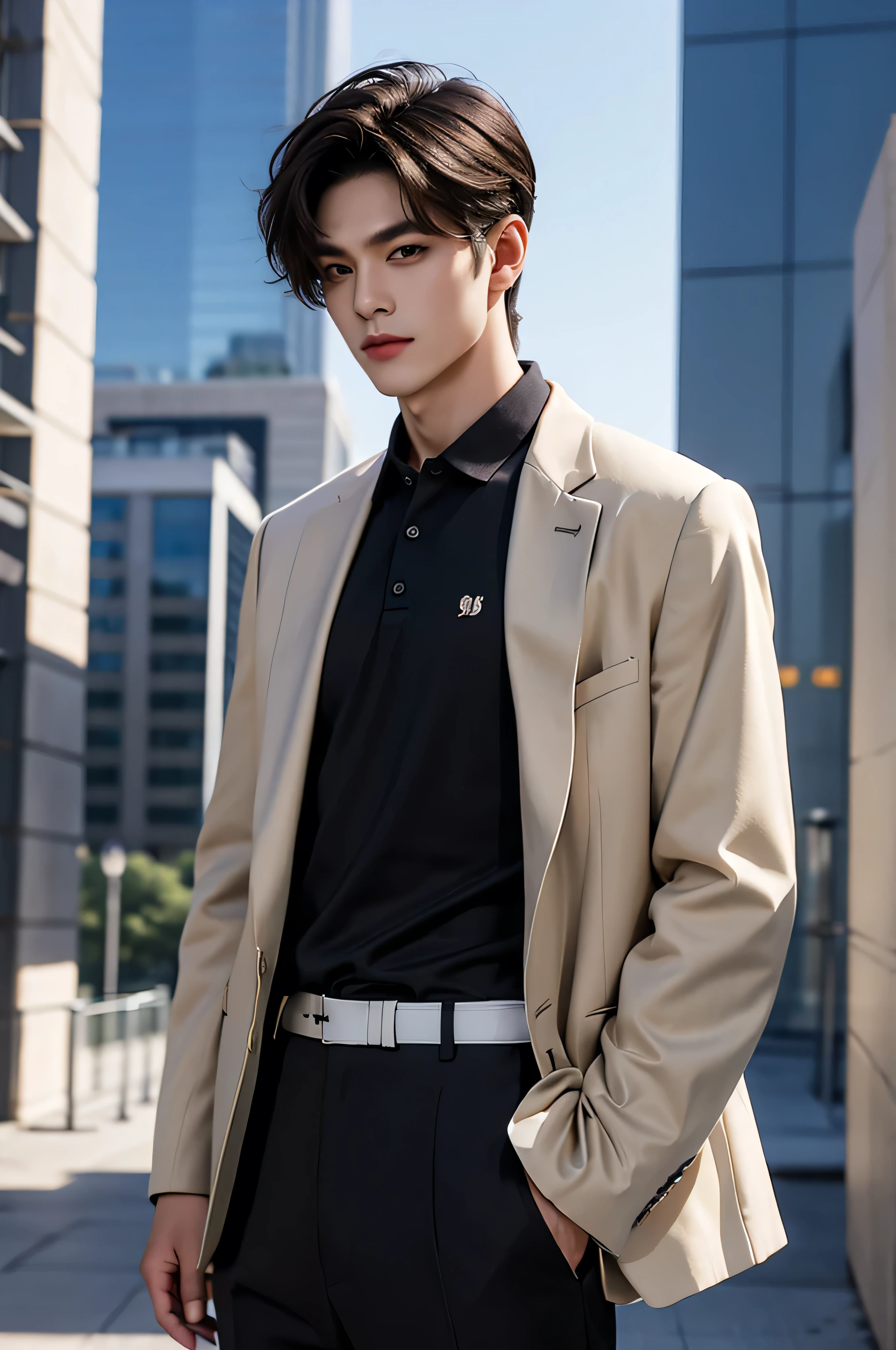 young prince, city landscape, lumetric lighting, 8k resolution, photorealistic, ultra-high quality, opulent detailed background, medium length dark brown hair, messy ponytail, wearing a polo shirt with a sports jacket, wearing long pants, ((Medium Wide Shot))