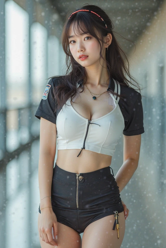 modern, cyberpunk,(best quality,8K,32k,masterpiece,ultra high definition:1.2),(realistically:1.5),( 8K, best quality,high resolution:1.2),(Super detailed,ultra high definition:1.2),Very cute and beautiful photos of Japanese women,(maroon,wavy long hair:1.2),AS-Adult,(Detail of beautiful girl:1.4),best quality,Miss,AS-Adult,(Detail of United States Air Force pilot:1.5),(white bomber jacket:1.3), (White high waist pencil skirt:1.3),Meticulous clothes,(Beautiful midnight us air force base runway landscape background:1.3),faint smile,looking at the audience,Face the audience,((perfect female figure)),(thin waist:1.2),(Upper body image:1.3),slim,abdominal muscles,(Big breasts、cleavage:1.25),(frame the head)),wind,dynamic poses,movie lighting,The light from the rear window is backlit,perfect anatomy,perfect proportions, Detailed human body, Bokeh, depth of field,