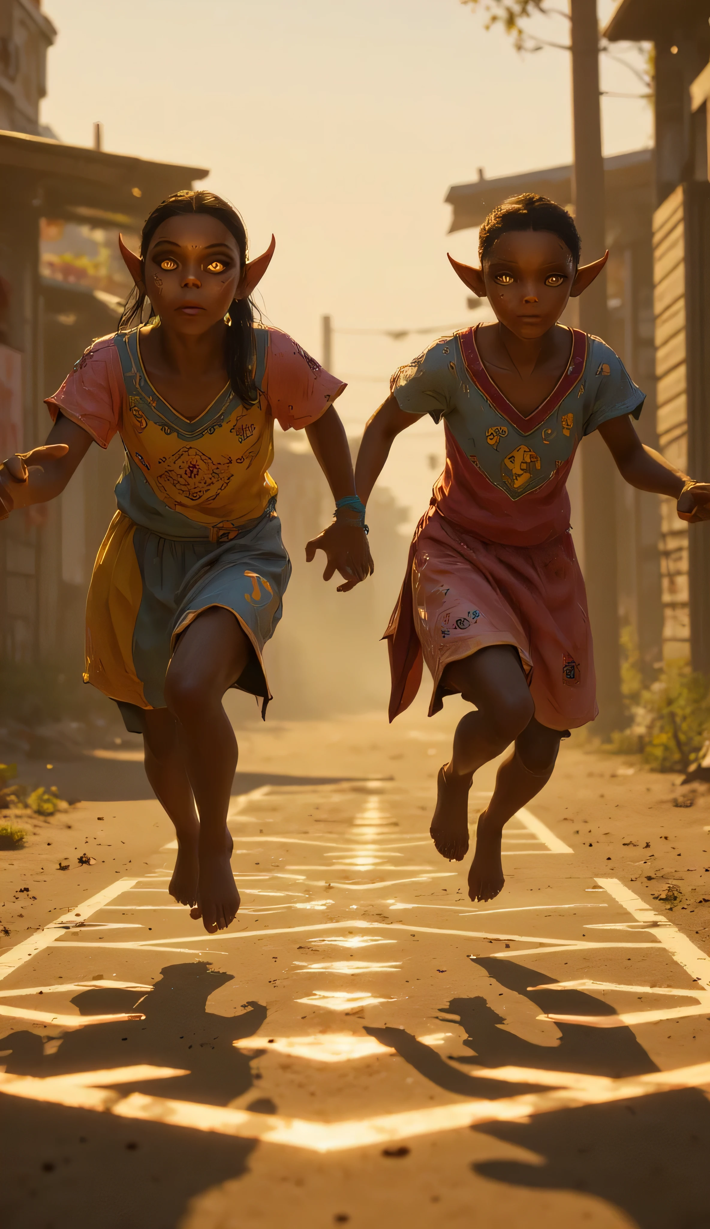 Gith, pointed ears, spots on skin, flat nose, 1kid, dark brown skin, black hair, black eyes, African facial features, playing hopscotch, sunlit street, futuristic township, smooth brown skin, subtle green-gold undertones, glowing amber eyes, soft facial features, elongated ears, slightly angular head, colorful worn tunic, glowing embroidery, their bare feet kick up dust as they jump across glowing chalk-like symbols on the ground, hopscotch grid is drawn in psionic symbols that shimmer faintly, corrugated metal homes, solar panels, hanging plants, digital cloth banners, warm joyful and hopeful mood, afrosurrealism style, lighting golden hour, soft lens flare
