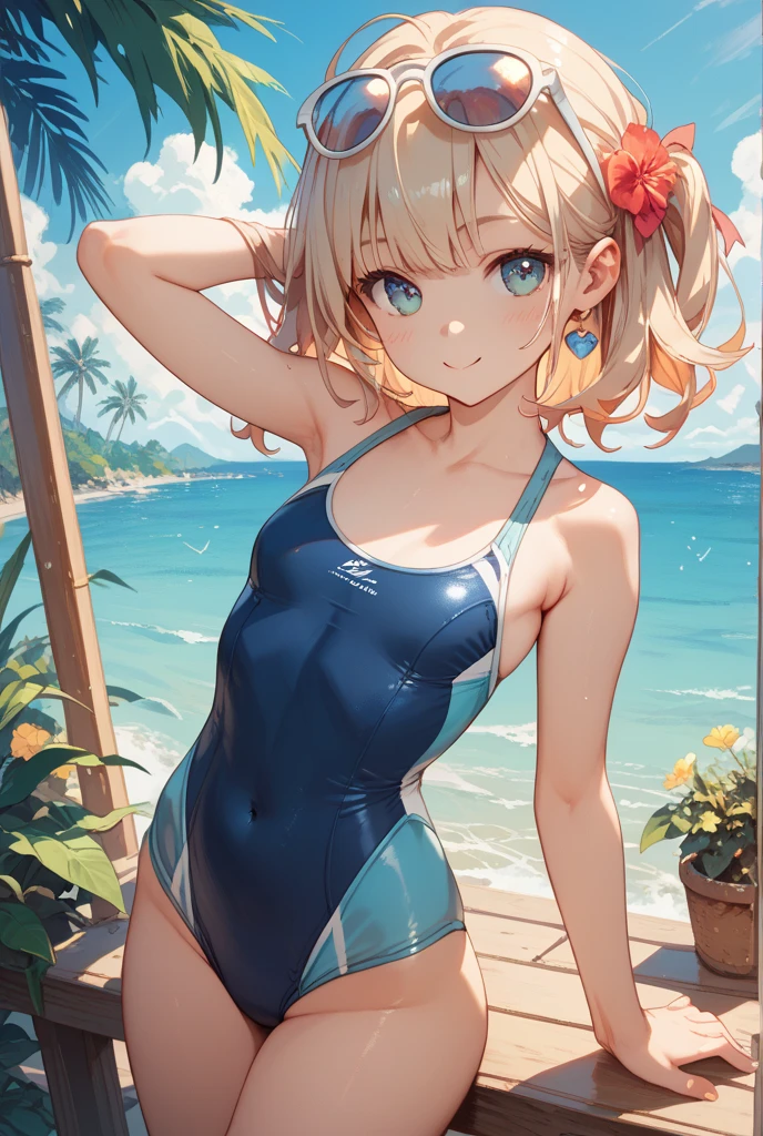 (NSFW:1.2), masterpiece, Highest quality, Ultra-high resolution, Highest Resolution, Very detailed, whole body, thin, very cute,、Complete limbs、Shining Eyes、Full Finger、Slender beauty、Blonde, Bun Hair、Embarrassed look、Writhing expression、Pink、Wear a school swimsuit、Glowing Skin、Knee-length、beach, tree, wind