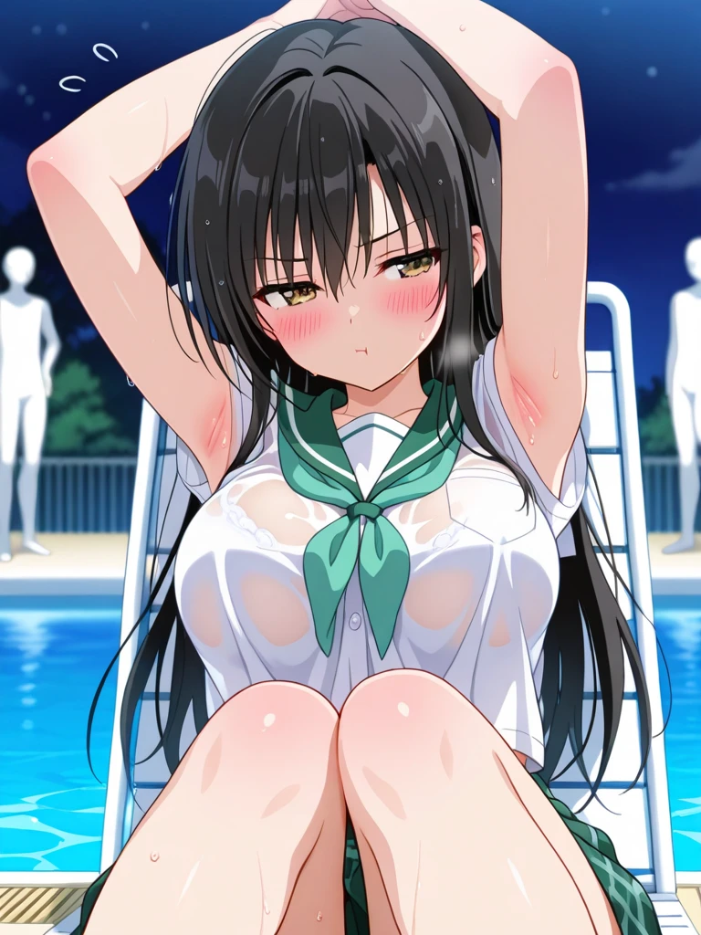 1 girl, detailed blue eyes, lange wimpern, detailed beautiful face, 4k quality, (Long black hair:1.4), (arms behind back:1.6), gefesselte Arme, Red rope, (blushing:1.3), (Big boobs:1.2), (weißes Hemd mit schwarzer krawatte, black skirt, school girl, 18 jears old:1.6), OTN, Gag, gagged, shibari, liegend im wasser, nah aufnahmen, wet clothes, laying in beaxh water, liegend