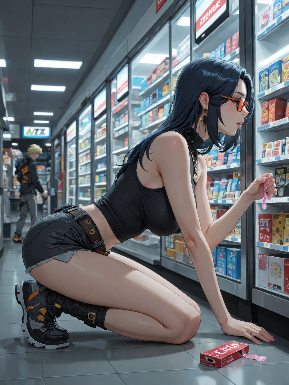 arafed woman sitting in a shopping cart on the road, digital art by Eddie Mendoza, trending on Artstation, digital art, shopping cart, sexy girl, promo art, sexy painting of gal gadot, getting groceries, adriana chechik, e-girl, e - girl, sitting on a store shelf, trending on cgstation, juicy legs, cart