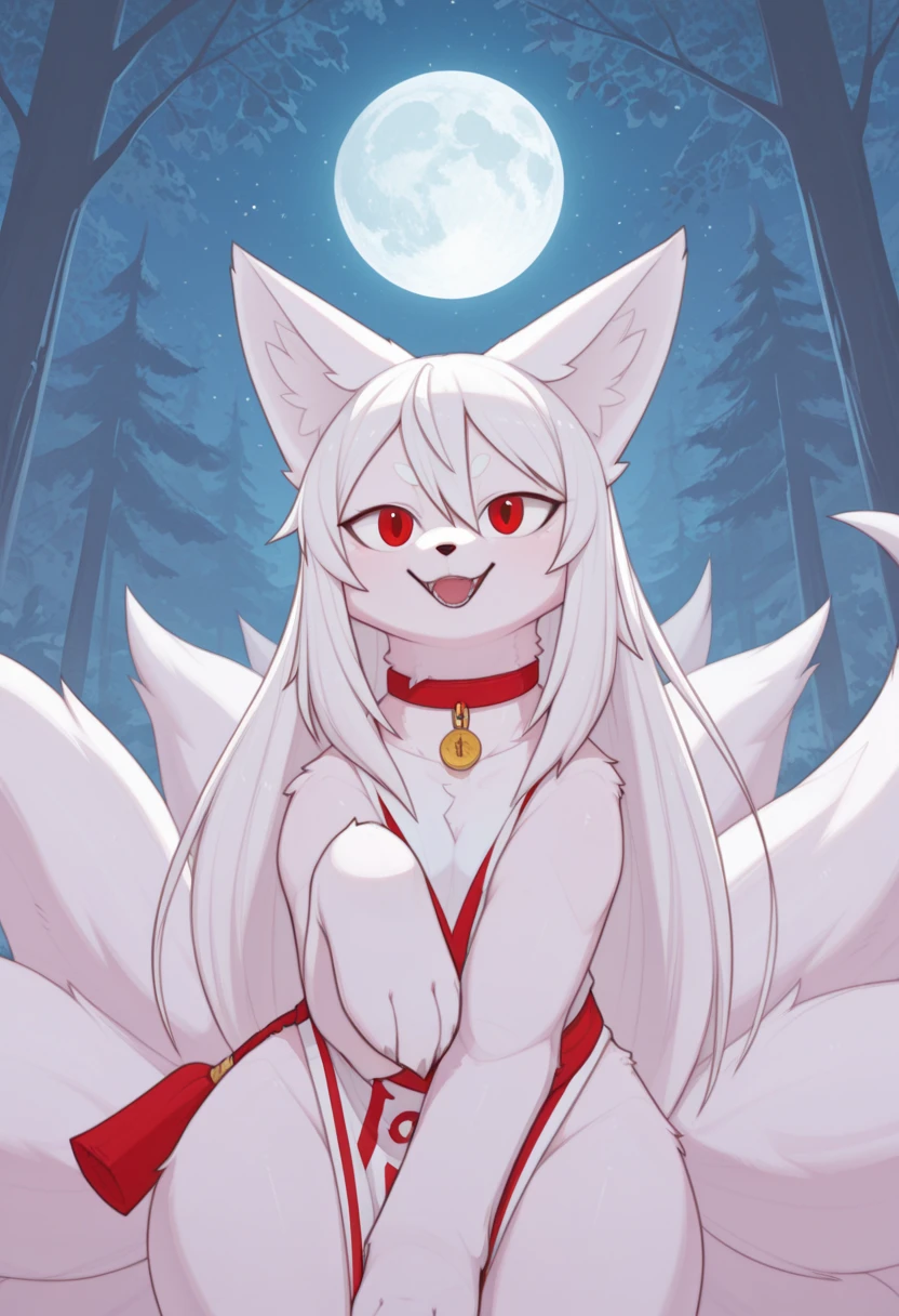 Draw a girl white hair cute red clothing,pointed ear in a forest with fairies, full body white skin, blue eyes, black glued pants