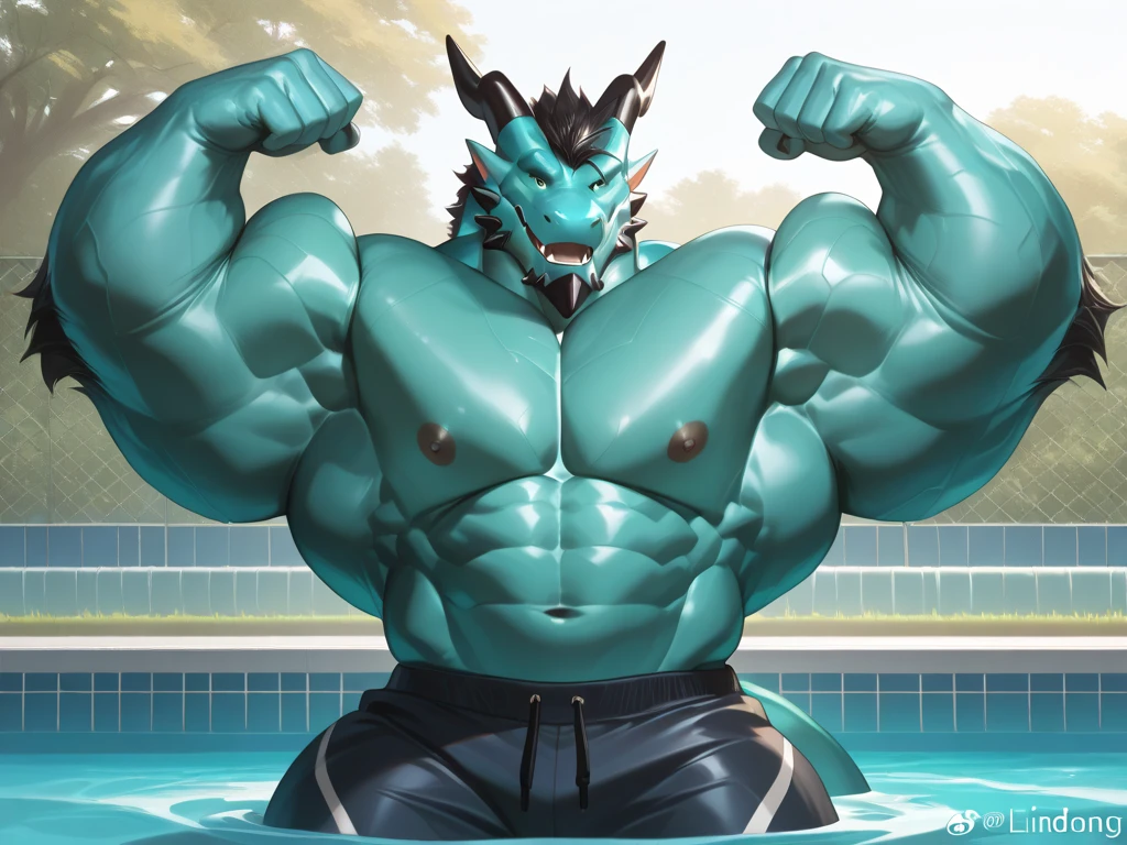 Alone, male people, (((musculous, many citizens, humongous large breast, strong, humongous large breast, floods, immensity, biceps, chest muscle))), everlasting, Dragon Man, Black belly,Blue skin,white horns,((Raise your left leg,Exposing black flesh pads,Pad facing forward)),large bulge, swim trunks,Huge biceps, large pecs, strong, humongous large breast, Wide, thick, gym room,convex, Detailed crotch,Hairy underarms,sexy for,Rendering meat pad,Nice meat pad,macro,immensity,(((Swim trunks exploded))),((Use hands to support muscles)),((Detailed installation 2.0)),out your tongue,gasps,((Detailed installation outline 3.3)),2 dragons,((Detailed erection outlines of each other touching 5.0))