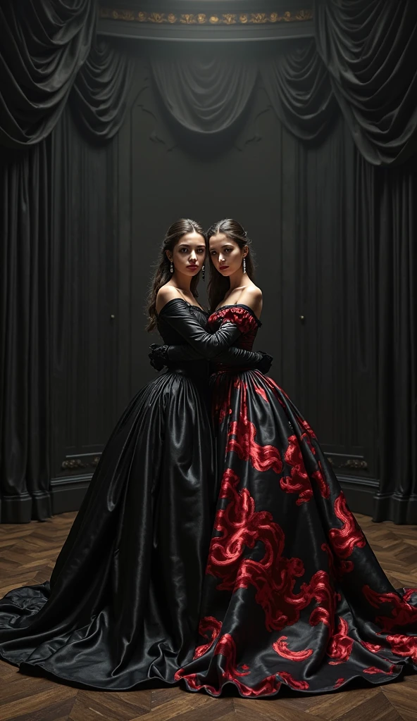 A photorealistic rendering of two beautiful women standing side by side in a luxurious Victorian-themed room. They wear intricately designed corsets and lingerie, one in blue and red and the other in red and black. The room features ornate furniture, a grand chandelier, and lush drapery. Rendered in Unreal Engine 5 with bold colors and finely detailed textures