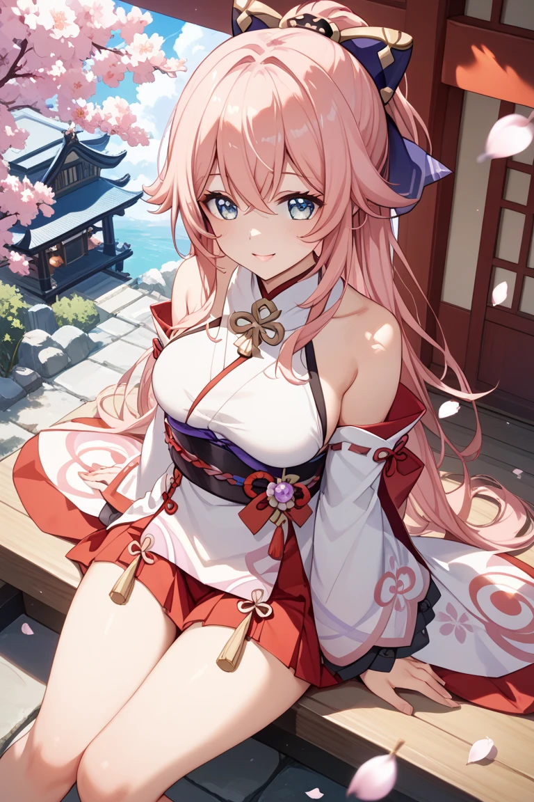 (exquisite quality), meticulous detail, red-haired girl, slender, skinny, huge chest, kimono, wide hips, (ornaments adorning her pig tails), long, cascading hair, (hooded kimono revealing her slender shoulders), (sunlight illuminating her delicate features), (her pigtails swaying as a gentle breeze blows), (sitting on a wooden balcony overlooking a cherry blossom tree), (melancholic expression etched onto her face), (hand resting on her chin, deep in thought).