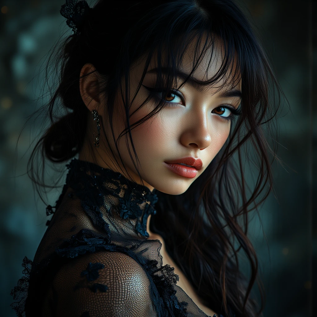 Realistic photos of Diao Chan, a Chinese fantasy beauty. She is very elegant, beautiful, and exotic. Her long, beautiful black hair is blowing in the wind. Her long, beautiful eyelashes and dark navy blue eyes shine beautifully, giving her a sense of beauty and strength. And her sexy, glossy, slightly thick lips enhance her feminine charm. Her body is gorgeous and curvaceous, with breasts that are a great size and beautiful shape, a beautifully toned waist, and beautifully long, slender legs. When she lies down, her entire seductive body is visible even through the thin black gauze kimono that she wears to sleep at night, and her inconcealable charm makes her even more beautiful. This photo was taken in a traditional Japanese room with tatami mats, sliding doors and paper screens, lit by the soft, warm light of a fire before going to sleep at night.