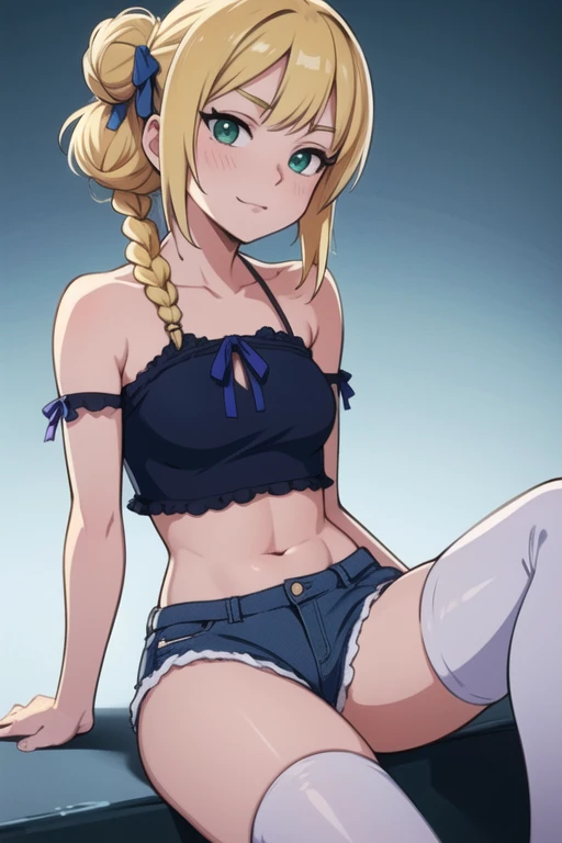 Realistic、1house wife、blonde hair、braid、blue eyes、(eye focus:1.3,face focus,cowboy shot),(gradient eyes:1.3),(camisole sexy panties
)、open mouth,(grin:1.3),forehead,cute face