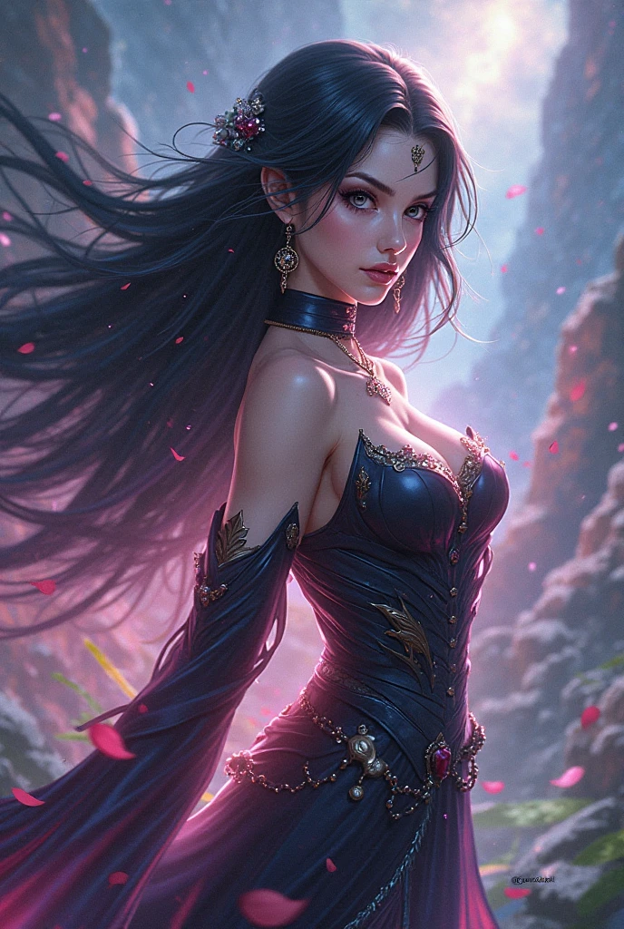 (full body,cowboy shot),an woman with modern style posing for a photo in a beautiful room, (((dark blue hair color))),(colorful),(finely detailed beautiful eyes and detailed face, dark blue long hair), cinematic lighting,extremely detailed CG unity 8k wallpaper,((flying petal)),(Flowery meadow), night, moonlight, shadows, light, living room,(masterpiece, best quality), cyberpunk, (((detailed black sexy dress))), black dress, pink laces,((darkblue untied flowing hair and a nice flowers background)), cool style, high detailed background , curvy body, gorgeous, elegant, simple gold necklace, dynamic pose, realistic, detailed facial expression, beautiful mesmerizing face, mad, sadistic smile, (bright blue eyes:1.14), real life skin, 8k, intricate detail, professional lighting, full body shot, dynamic angle shot, looking at camera, stunning Unreal Engine, soft diffused lighting, evil,1 girl, solo, sexy, sensual, a 20 yo woman,(natural skin texture, soft light, sharp), big boobs