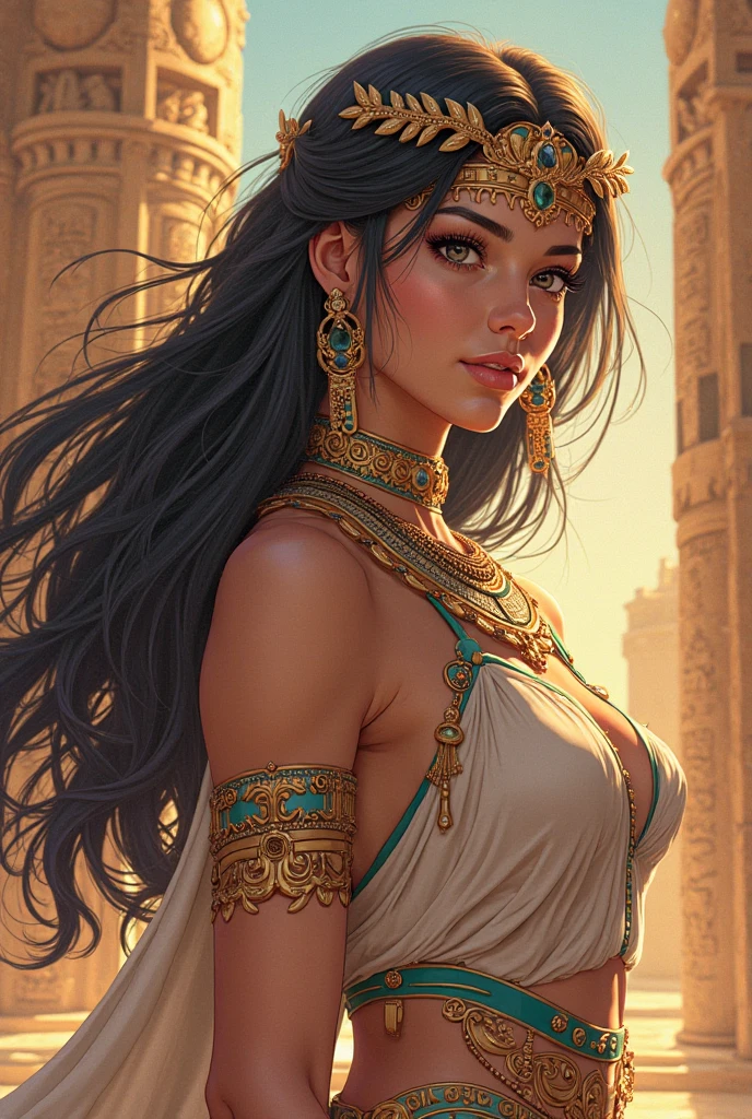 A captivating abstract painting of a egyptian woman, capturing her ethereal essence. Her long, brunette hair is styled in a mesmerizing updo, falling in loose waves around her face. She dons a sheer, flowing white dress adorned with intricate details that shimmer in the light, catching the viewer's eye, the transparent of the dress show the curves of her body, specially her breasts. Her face, illuminated by a soft, warm glow, exudes a dreamy, enigmatic aura. The vibrant, abstract background, a blend of daring colors and shapes, showcases the artist's distinctive and imaginative style, creating a captivating and otherworldly atmosphere., painting, illustration