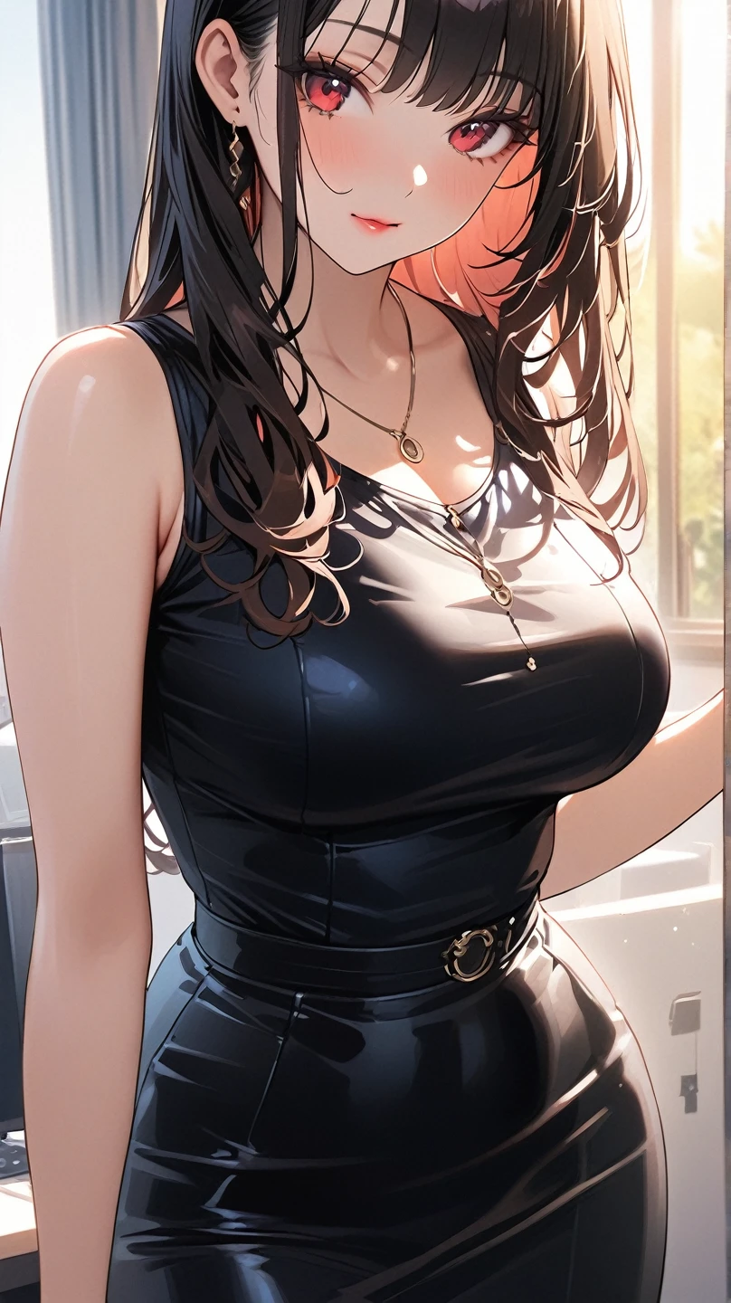(highest quality:1.2,evil lady,cg, Very detailed, High Detail, digital coloring, High Contrast, masterpiece:1.2,suits, highest quality, Best aesthetics), 8k,masterpiece, cute,tall,beautiful,best quality, 1lady,brown hair,long hair,wavy hair,empty eyes, (finely detailed glowing eyes and detailed face),,,,extremely detailed cg unity 8k wallpaper,solo,(latex military costume:0.9),large breasts,seductive smile,,latex thighhigh,large breasts,black hair,pink eyes,no jacket,formal shirts,thighhigh,,enamel suits,grossy lips,sitting,tight skirt,sadistic smile,,heel,shiny skin,tight skirt,detailed face,beautiful body,,adult,,show me breasts,sadistic,seductive smile,business suits,latex,no tie,bust shot,((Blowjob Gestures:1.5)),open mouth,necklace,office room,from below