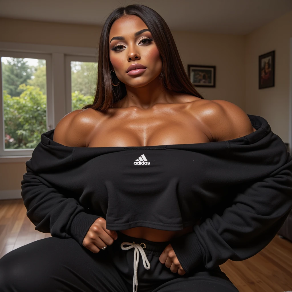 1girl, dark skin, black skin, dark-skinned female, white hair, long hair, large breasts, wide hips, thick thighs, sportswear, shy, timid, blushing, sportswear, hourglass figure, mature female, skin tight, tight clothes, ((competition swimsuit)), text, numbers, number, checkered, checkered background