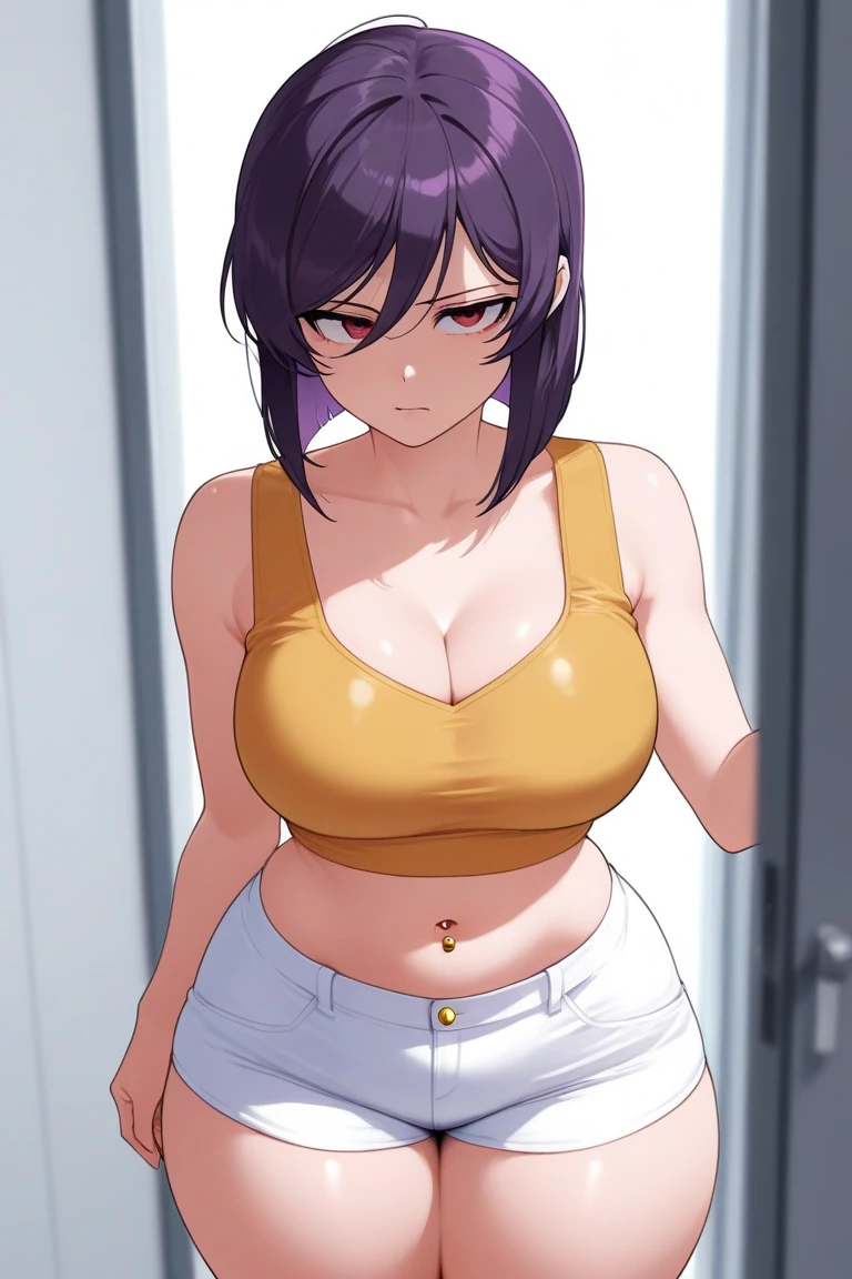 Masterpiece, Best Quality, 1girl,LeonaMS ,yellow tank top, camouflage pants, large breasts<lora:LeonaMS:1>