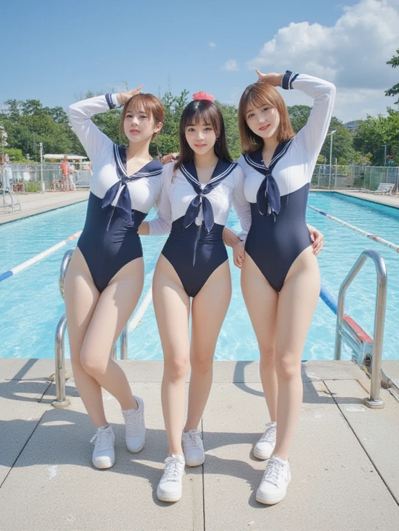 NSFW:1.6, Group of 3 girls playing at the edge of the waves、top-quality、masutepiece、portlate、The ultimate photorealistic、8K、Random hair、roundly eyes、Too perfect face、Bright smile、all hands(((Naked wet sailor suit、No underwear)))、Show off your breasts、stick out buttocks、opening legs widely、Random breasts、lensflare、photon maping