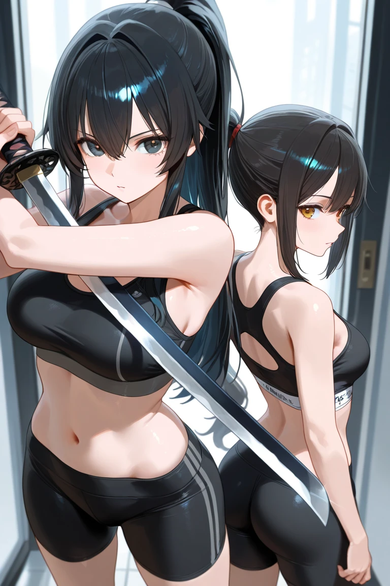 masterpiece, extra limbs, 1lady, young girl 16 years old, black ponytail extremely long hair, black pubic hair, medium breasts large areolas plump beautiful breasts,glamorous,(((abs))), (((chuckle))),
slant deep red eyes, katana, standing,(clothed samurai,sarashi, fundoshi:1.2),((sweat)),