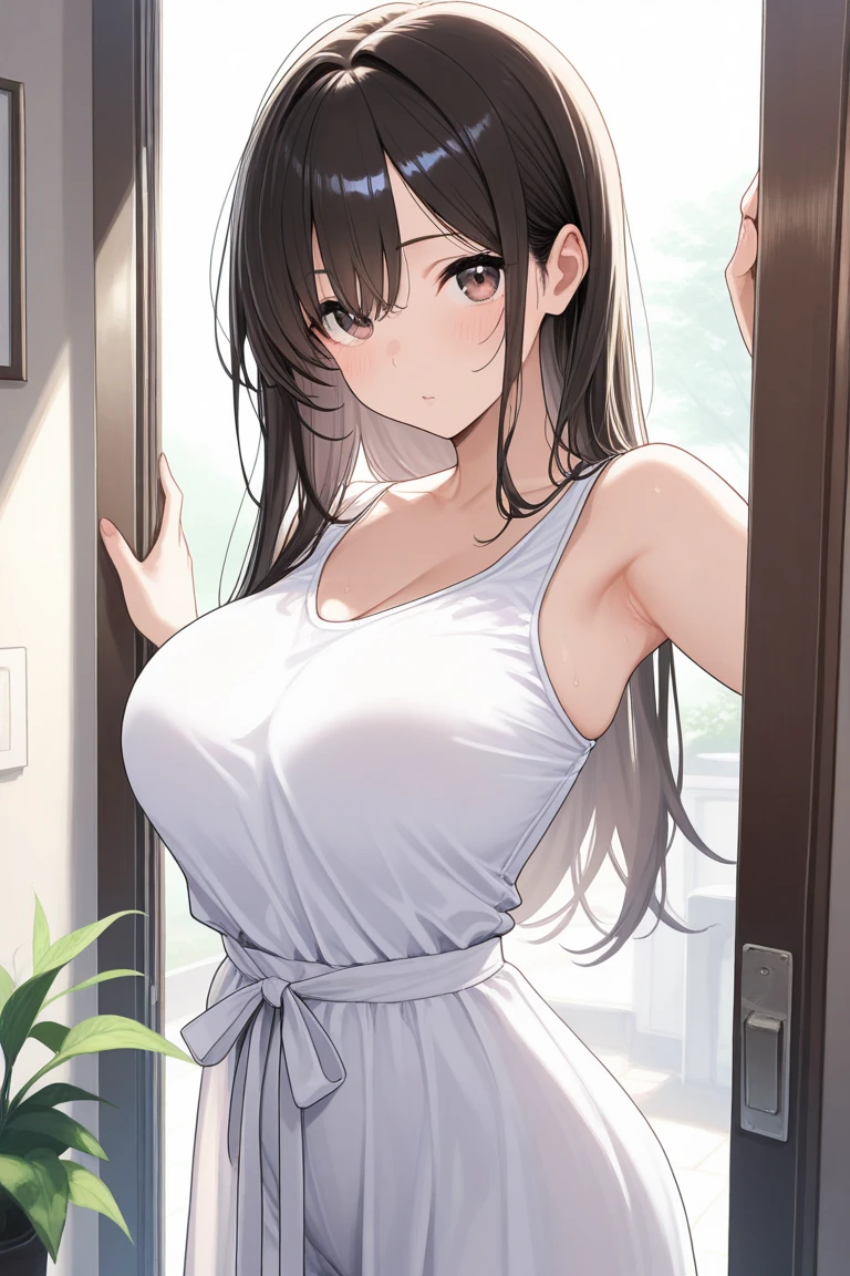 side angle、A close-up of your face、Cleavage、Realistic, real person, (pale skin: 1.2), RAW photo, photorealistic, shiny skin, shiny hair、(A 25-year-old woman with medium-length hair and bangs) and (wavy hair) and (brown hair) and (orange eyes) , (T-Shirts:1.2) and (white) 、smile, The background is an electronics store、Alone、Are standing