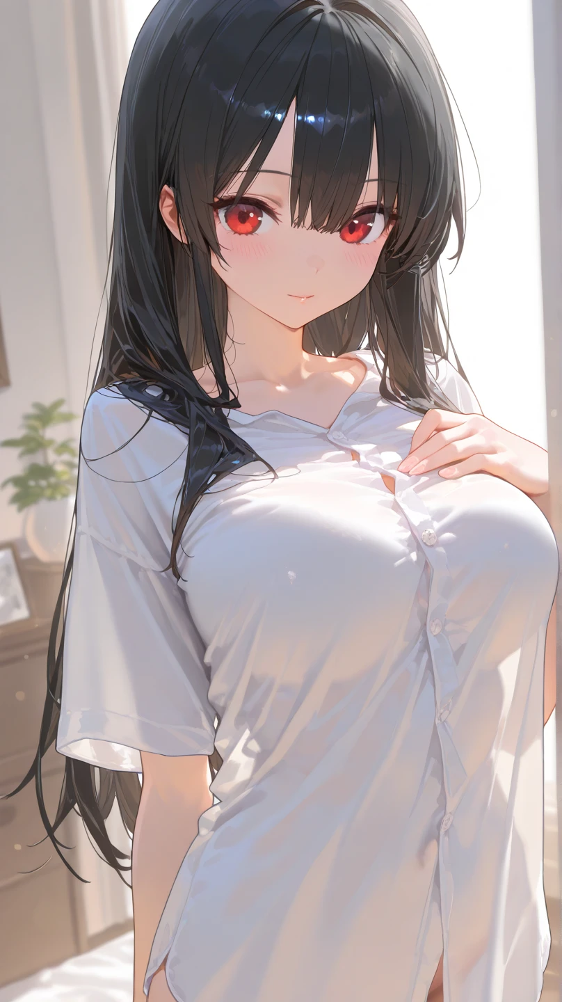 1girl,perfect ,black hair, long hair, (hair over one eye:1.4), messy hair, hair between eyes, hairclip,plump, chubby,fat, saggy breast, cute motif pajama, cute shy blush on , bedroom