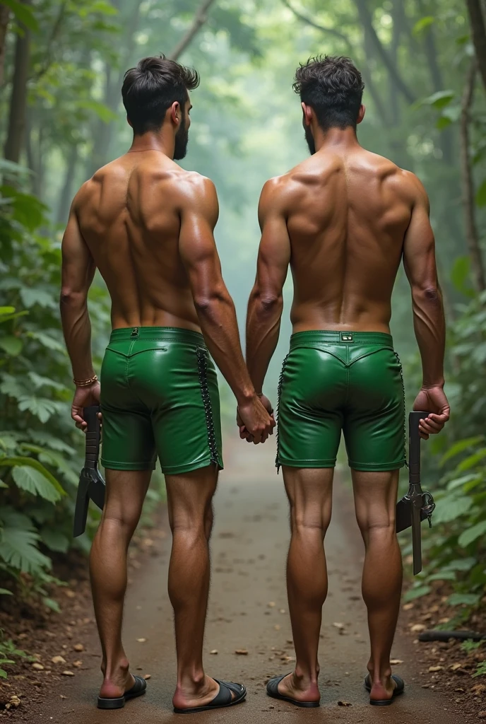 Two handsome muscular tattooed naked men, one dark, one with short blonde hair, wearing tiny camouflage jockstraps and boots, hiding in the forest at night,  side view, full body image, seen from a low angle
