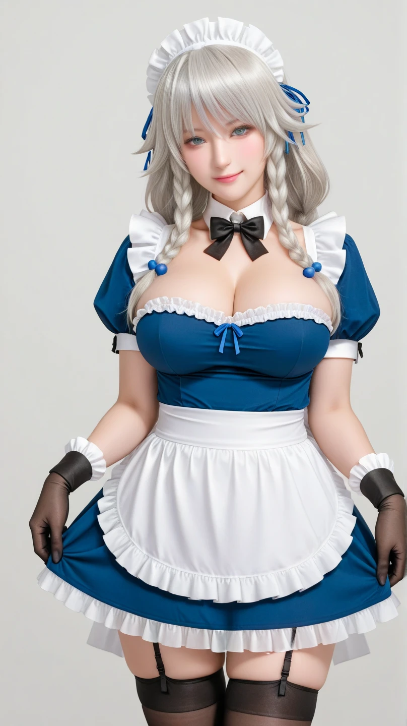 ((16 Nights Sakiya)), ((Touhou Project)), Cosplay, 20-year-old woman, big tits (((gray hair)), ((medium spiky hair)), ((blue maid outfit)), ((white blouse)), midchest, (light)))), (pose))), (photorealistic photo: 1.3), rim lighting, (high detail skin:1.2), 8K UHD, dslr, high quality, high resolution, 4K, 8K, Bokeh, Absurdity, Best ratio four fingers and one thumb, (Real:1.3), Cutest 1 Girl, Lots of Knives, tits out, tits showing
