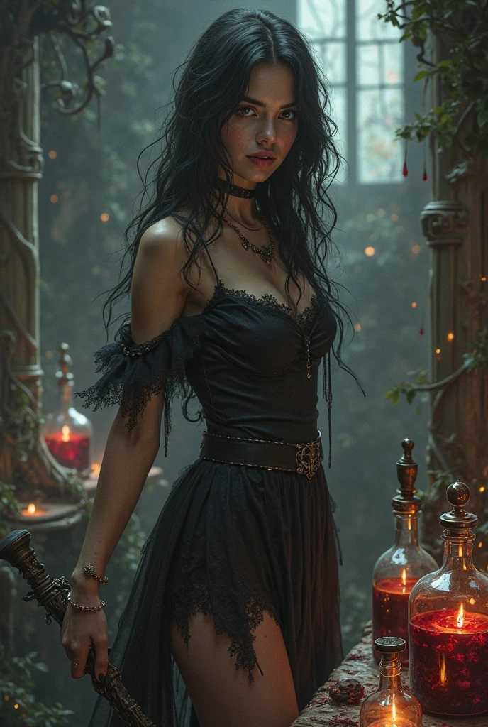 Beautiful gypsy; long black hair; wearing a black and red dress; wearing necklace and bracelets; holding a chalice; cemetery scene in the background