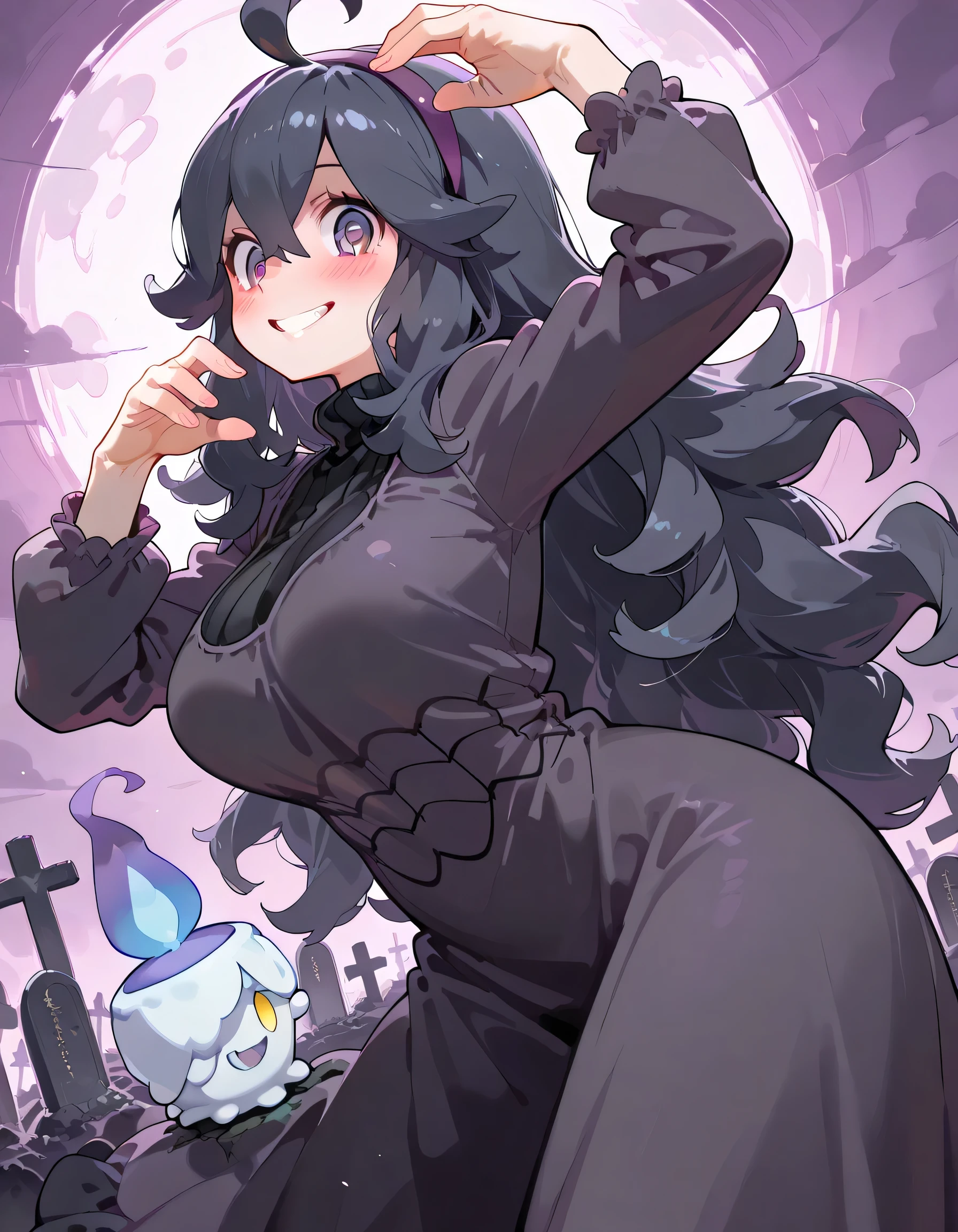 (sideview)+,profile,((with Litwick(pokemon))),(dynamic angle,acrobatic contrapposto Scratching+ pose),solo,(close up face)+,leaning forward,portrait,upperbody,hex maniac (pokemon), long hair, ahoge, purple hairband, (purple swirl eyes)+, large breasts, long dress, crazy, blush,grin, graveyard, ghosts,curvy, smile, looking at viewer, soft lineart,horror background,memorial shot,