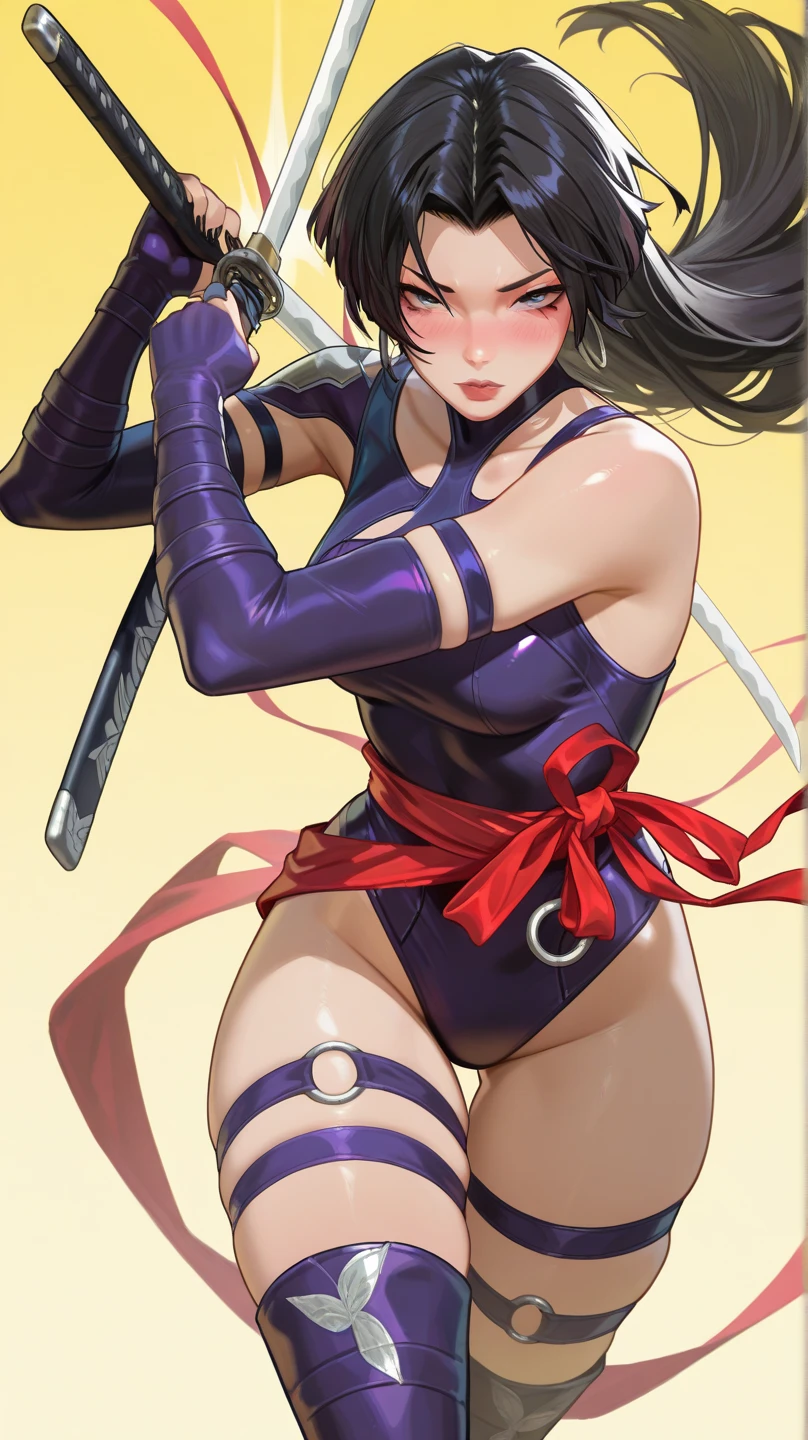 Saya cosplaying as Psylocke,Light purple high leg leotard,dark purple hair,si-suru- 