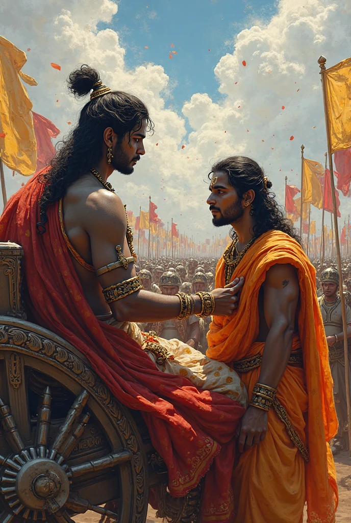 Make a image "A battlefield scene with a distressed Arjuna, clad in warrior attire, standing on his chariot with his bow lowered, expressing deep sorrow and confusion, while his charioteer, Lord Krishna, calmly looks at him, offering guidance."