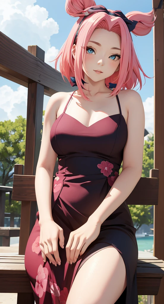 Masterpiece, stunning realistic, best quality, Sharpness, 1 girl, big ,red hair,straight hair,bobcut,red eyes,standing in a beatiful garden with an sea,big ,blush in face,red face, cute smile,closed mouth,arms behind back,Knitted Sweater,skinny jeans