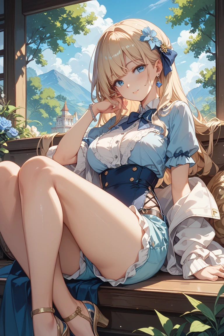 masterpiece、highest quality、detailed、woman: 1 person、blue eyes、blonde、Sheer blouse、Unbuttoned blouse、Pleated skirt、Blue hairpin、Huge 、Huge 、garden、Sit on a chair with your legs open、Bend your knees and spread your legs、White panties、Knee-high socks、Showing panties