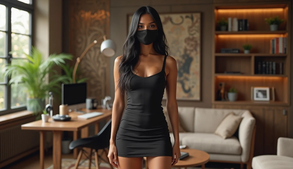 ((Best Quality, 8k, masterpiece :1.3)), whole body, sharp focus :1.2, A pretty woman with a perfect figure. :1.4, slim abs :1.2, ((Dark brown hair, big breasts, brown skin :1.2)), (Night view of the city :1.1), Very detailed face and skin texture., detailed eyes, in a black dress with a mask