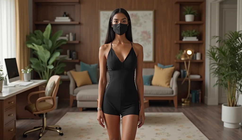 Beautiful girl with dark brown skin in black panties,large oversive style t-shirt,He has short hair and thick thighs.,she is very passionate,He is in front of a mirror with his cell phone covering his face.