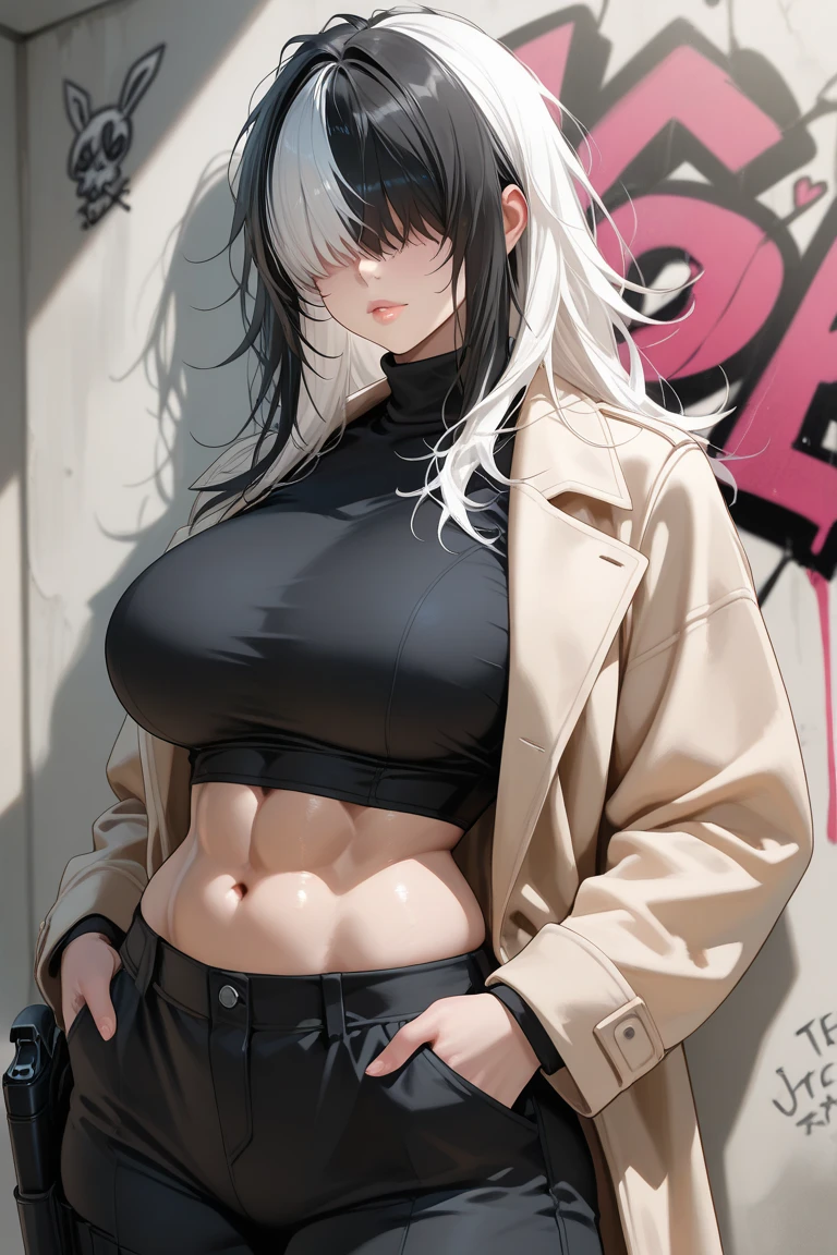 Young Girls, gray short hair, Gray eyes, High Ponytail, Cyberpunk, White top, Open belly, shorts, Fur coat, masterpiece, high quality, silver wolf,(Huge breasts:1.2),Moist skin((rogue))