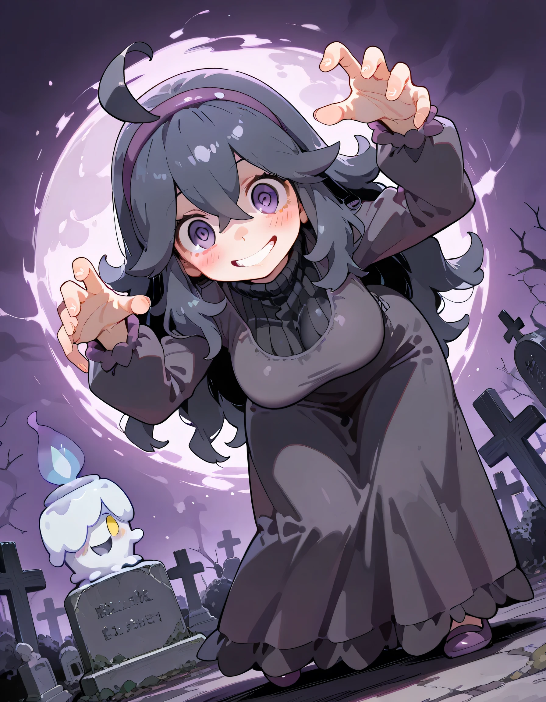 (chibi,fullbody),((with Litwick(pokemon))),(dynamic angle,acrobatic contrapposto Scratching+ pose),solo,(close up face)+,leaning forward,portrait,upperbody,hex maniac (pokemon), long hair, ahoge, purple hairband, (purple swirl eyes)+, large breasts, long dress, crazy, blush,grin, graveyard, ghosts,curvy, smile, looking at viewer, soft lineart,horror background,memorial shot,