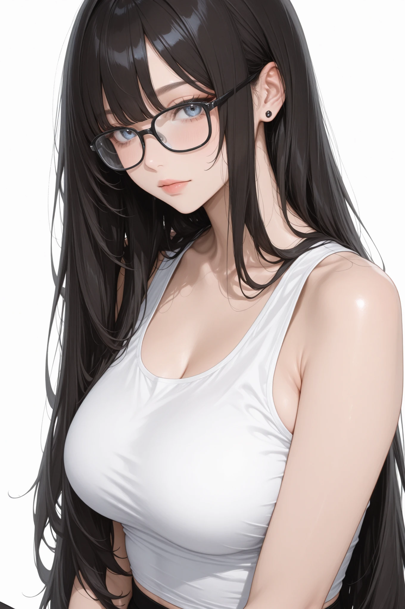 Nerd Girl,black hair, freckles,long hair, ,glasses, sexy,oiled body,massive breast,Very wet,sedutive appearance e posture,clothed breast,Expressiveh,beautiful eyes,marshmellow skin, Marshmelloe boobs,camisole,cum in boobs, sedutive