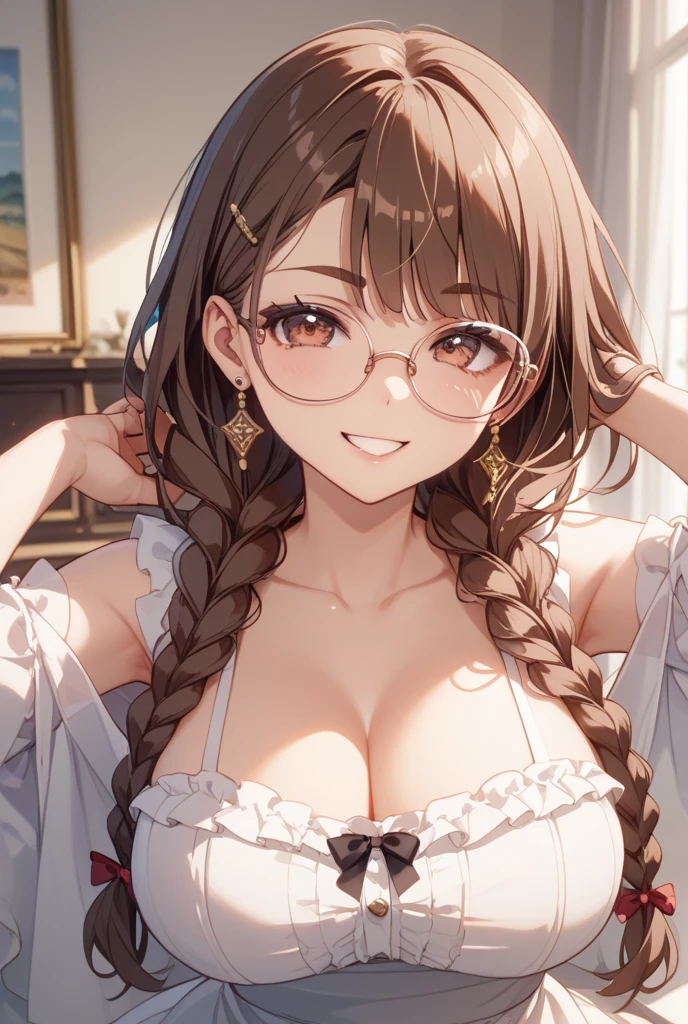One woman、Brown Hair(long)、Brown Eyes、Black-rimmed round glasses、 Best Quality、Super detailed、8K resolution、Raw photo、Mastepiece、Captivating breasts、Gorgeous face、Perfect Body、Playing with the White Rabbit、