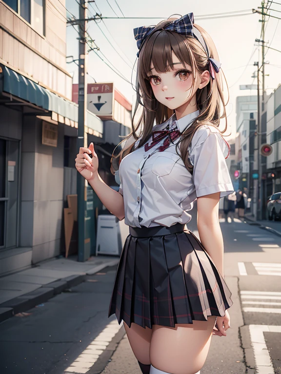 ((masutepiece, Best Quality, hight resolution, nffsw, Perfect Pixel, 4K, nffsw, nffsw))), 1girl in, Single, Solo, Beautie、full body seen、 ((Middle Wave Hair, Bangs, Brown hair)), ((Brown-eyed, Beautiful eyelashes, Realistic eyes)), ((Detailed face, Blushing:1.2)), ((Smooth texture:0.75, Realistic texture:0.65, Photorealistic:1.1, Anime CG style)), medium breasts, Dynamic Angle, Perfect body, ((red bowtie, School uniform, , White shirt, Black skirt, plaid skirts)), City staircase、Looking up from the bottom of the stairs、Very embarrassing panic smile, turned around、bending forward、(The wind flipped my skirt and exposed my butt...................、Touching the buttocks with both hands、Pink lace panties)、