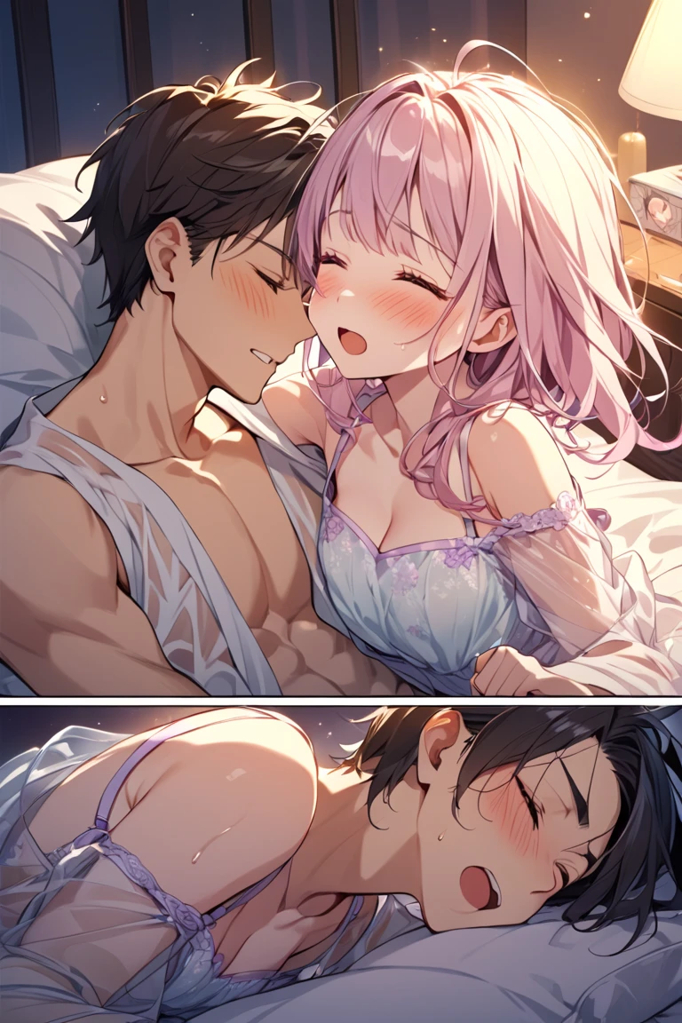 ,evening,Bedroom, White sheets, Shooting from the side, ((masterpiece)), ((Highest quality)), (Very detailed), beautiful girl, Kissing Scene, College student kiss, (((men and women))), (Cuddling in bed), , ((Cute college student. Pink medium hair)), ((close ~ eye)), Black underwear,(wet lace bra, Black lace panties), Slender body, ((Large Breasts)),(Red cheeks),Sweat, whole body, Shooting from the side,Black-haired man