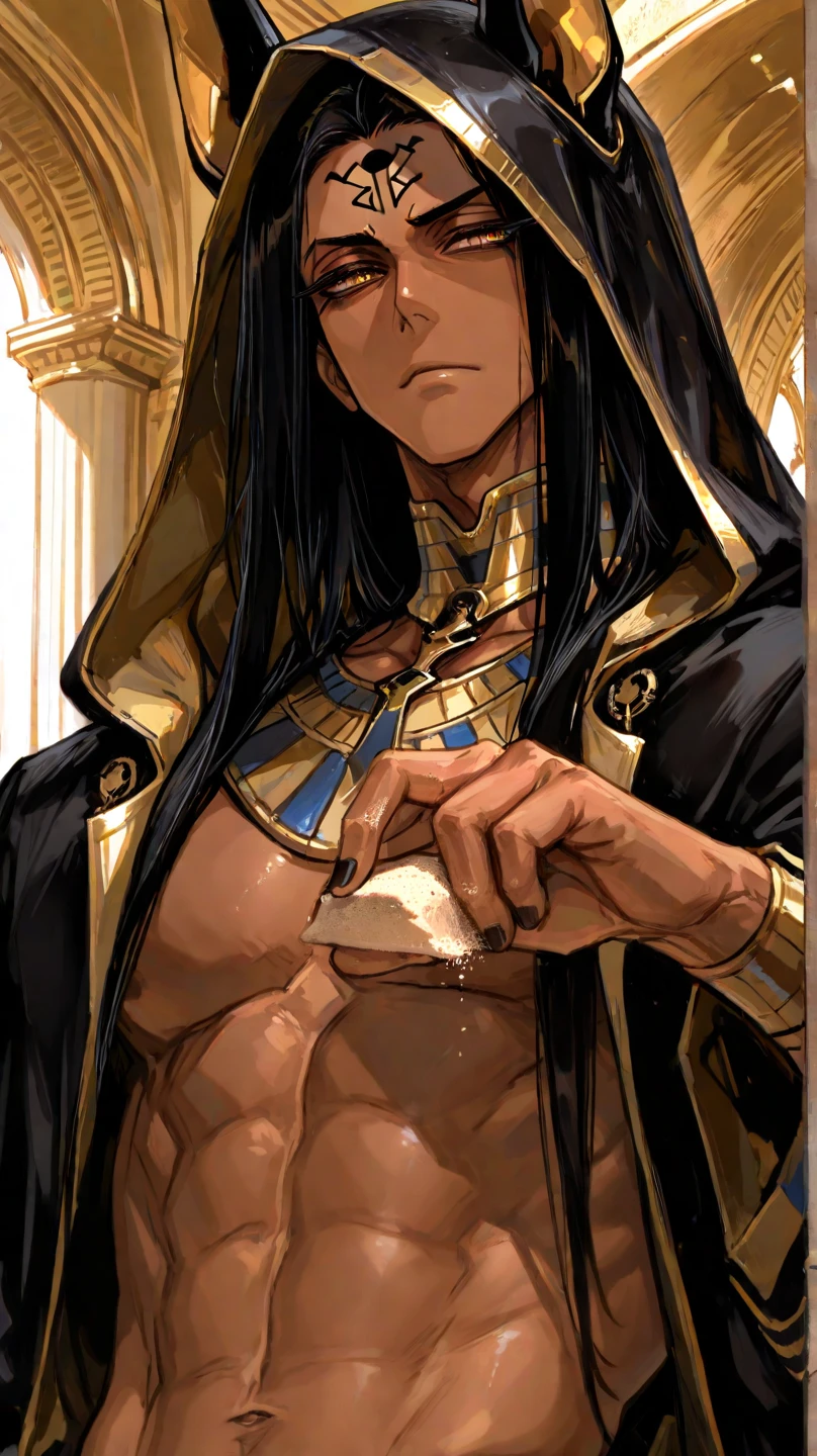 Male arab warrior, medivial, black balaclava, black bandage, black clothes, thin waist, skinny body, makeup, black eyeliner, femboy, choker, light skin, sleepy eye, half open eyes, white long bandage gloves 