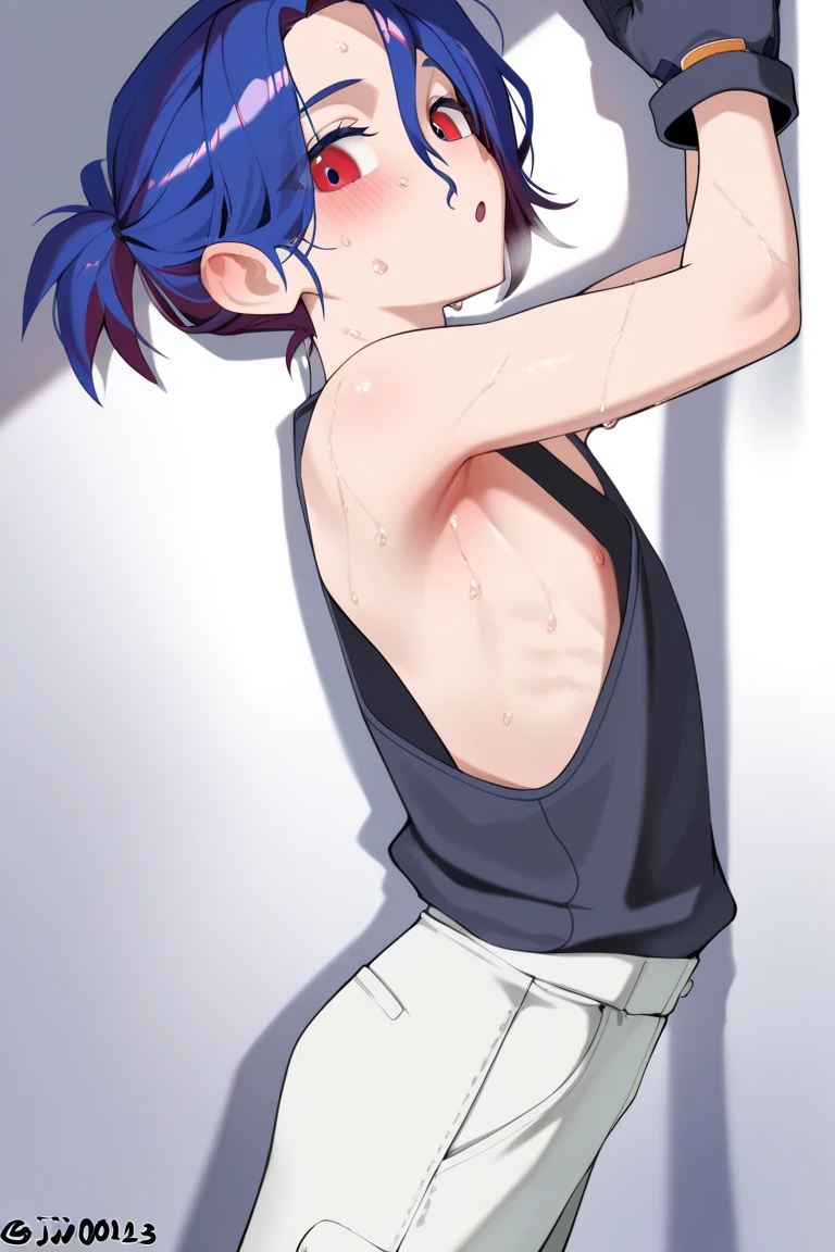 masterpiece, best quality, 1boy, rainbow eyes, gradient eyes, rainbow hair, multicolored hair, gradient hair, short hair, topless male, flat chest, boxers, wet, sweat, armpits, arms up, sweat, tears, blush, open mouth, teeth, smile, laughing, bdsm, bondage, restrained, full body, close-up, hands on hips, hands on waist, grabbing, (tickling:1.35), (disembodied limb:1.3), gloves, tkl
