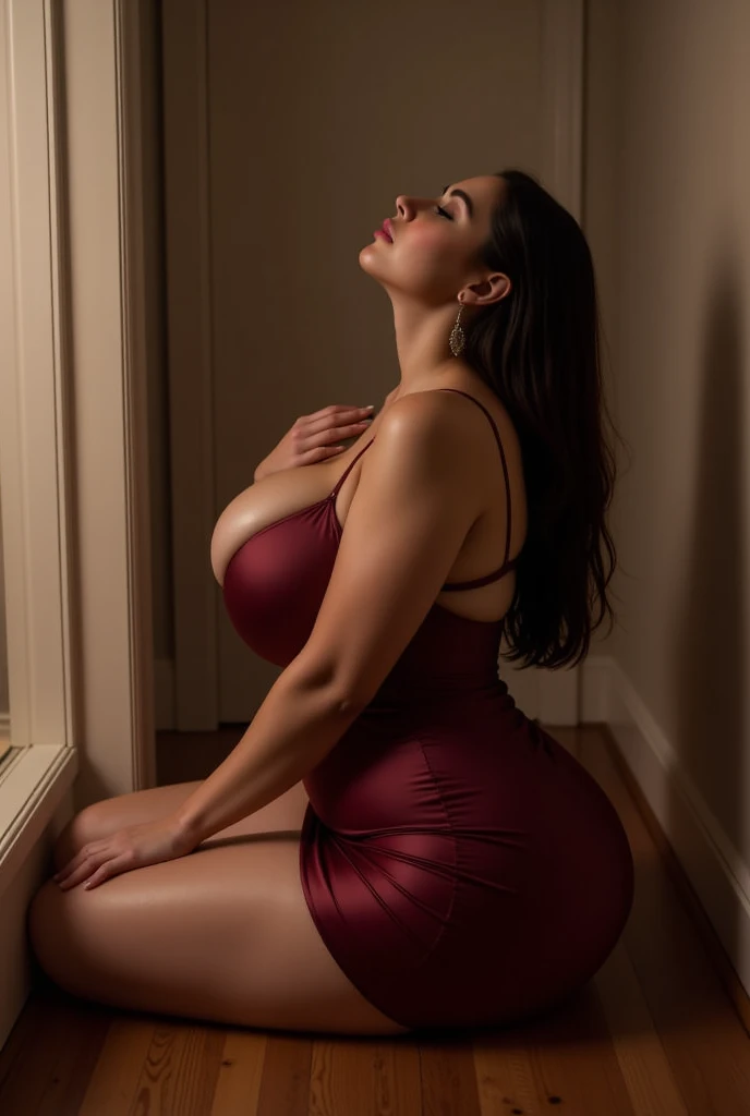 a middle-aged woman with a voluptuous figure, confident and seductive aura, wearing a provocative yet elegant fitted cocktail dress, long flowing hair, impeccable makeup emphasizing alluring eyes, luxurious room with soft lighting and opulent decor, sophisticated and daring personality, 8k, highly detailed, photorealistic, chiaroscuro lighting, dramatic shadows, intricate fabric textures, flawless skin, mesmerizing gaze, cinematic composition
